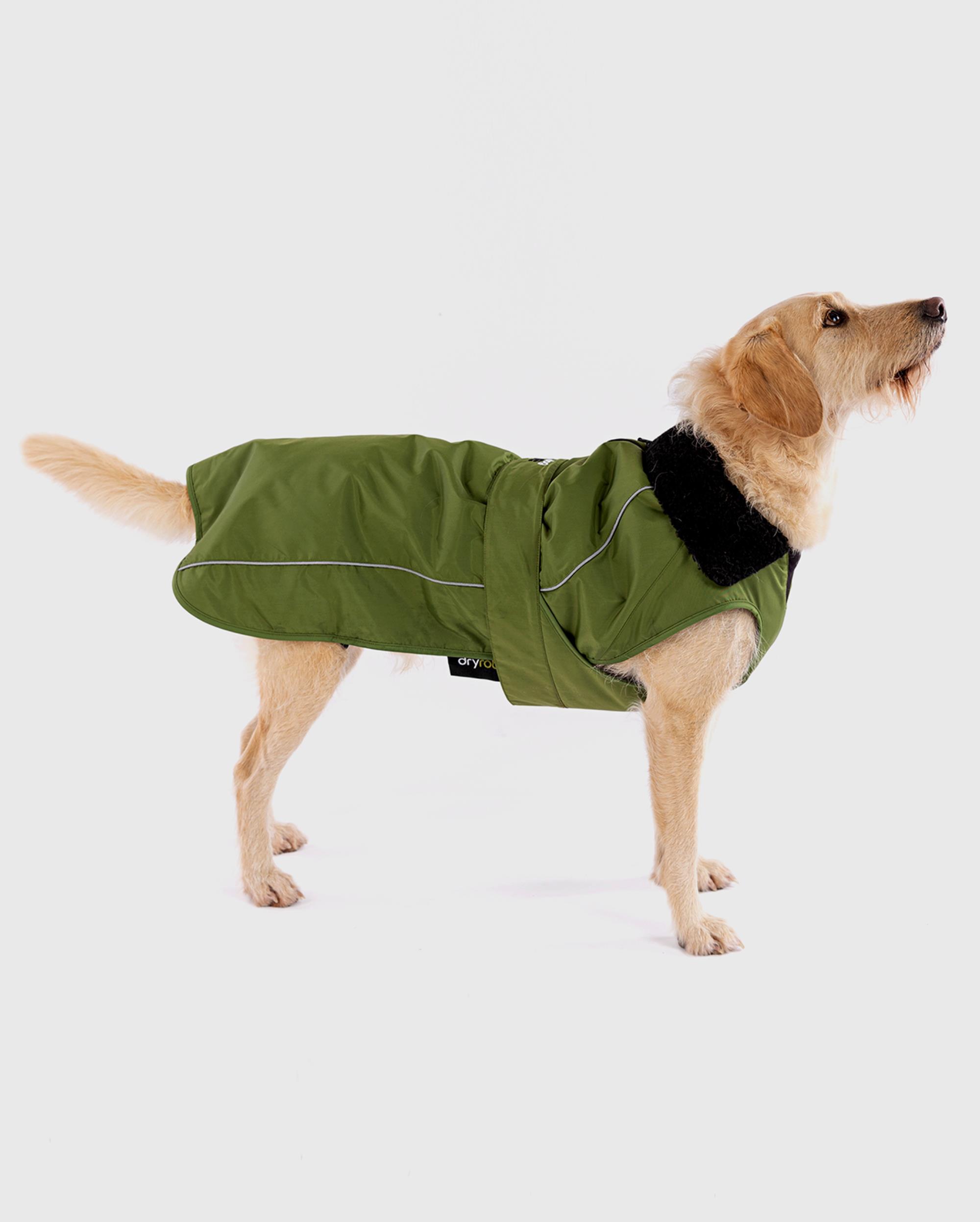 DRYROBE Dog Coat Hundemantel Dunkelgrün Schwarz XS wetterfest und wasserdicht mit Fleece-Futter